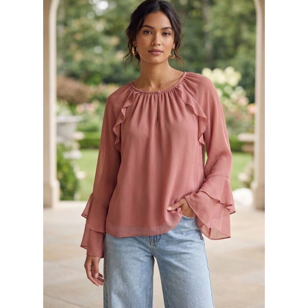 NWT Jessica Simpson Withered Rose Elaine Ruffle-Sleeve Blouse Sz S Bohemian